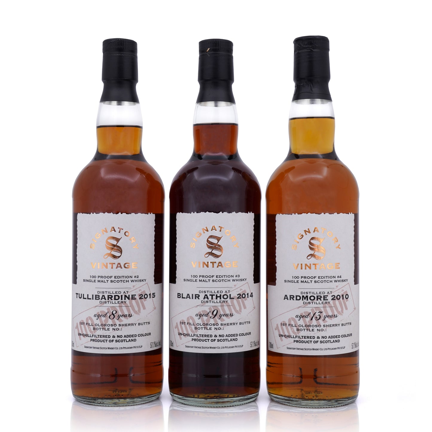 Tullibardine/Blair Athol/Ardmore Signatory Vintage 100 Proof Edition 57.1% 700ml x 3