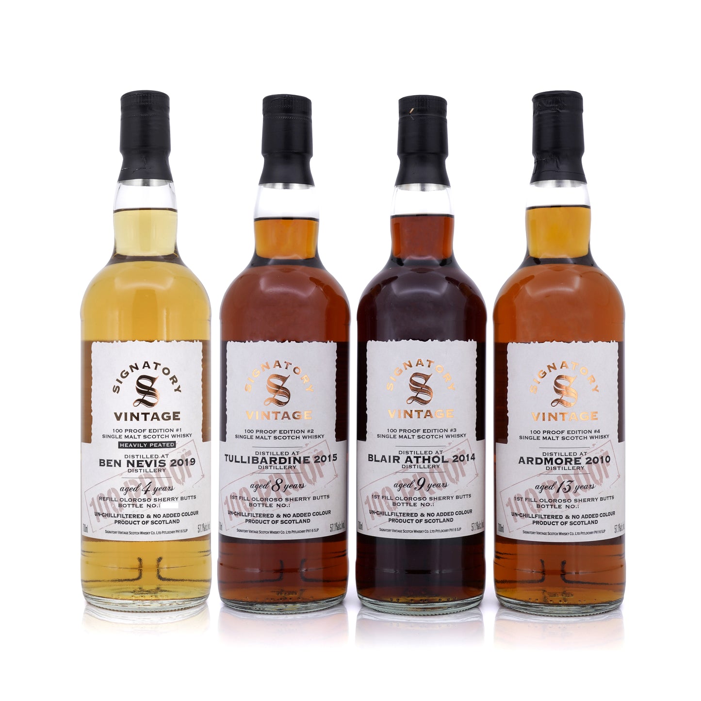 Ben Nevis/Tullibardine/Blair Athol/Ardmore Signatory Vintage 100 Proof Edition 57.1% 700ml x 4